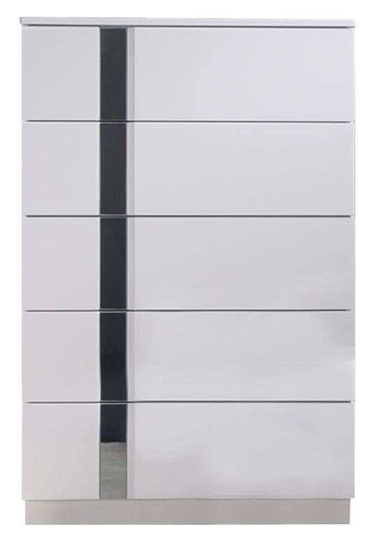 J&M Palermo 5 Drawer Chest in White Lacquer and Chrome