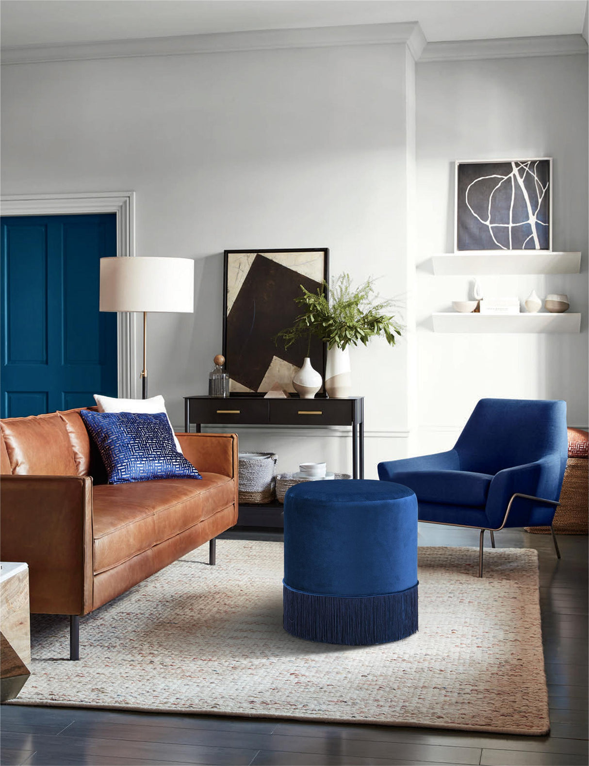 Teddy Navy Velvet Ottoman/Stool - galleria furniture outlet