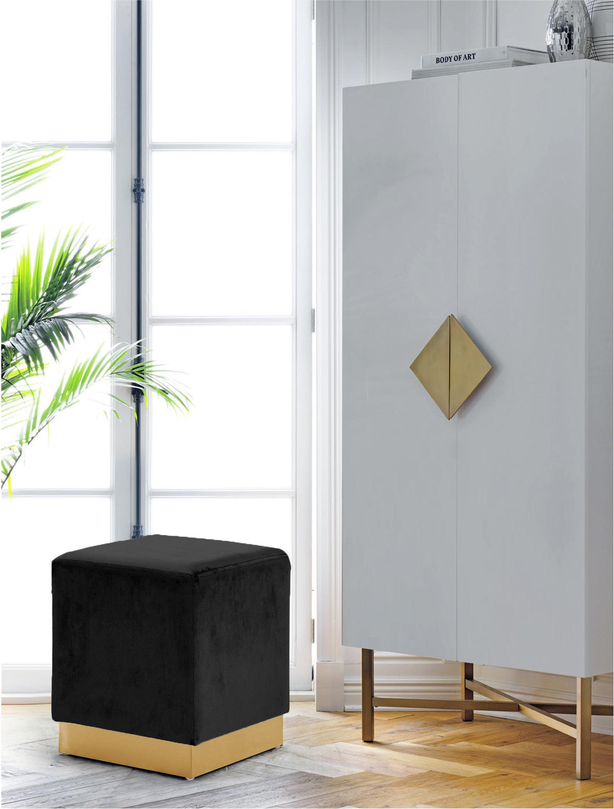 Jax Black Velvet Ottoman/Stool - galleria furniture outlet