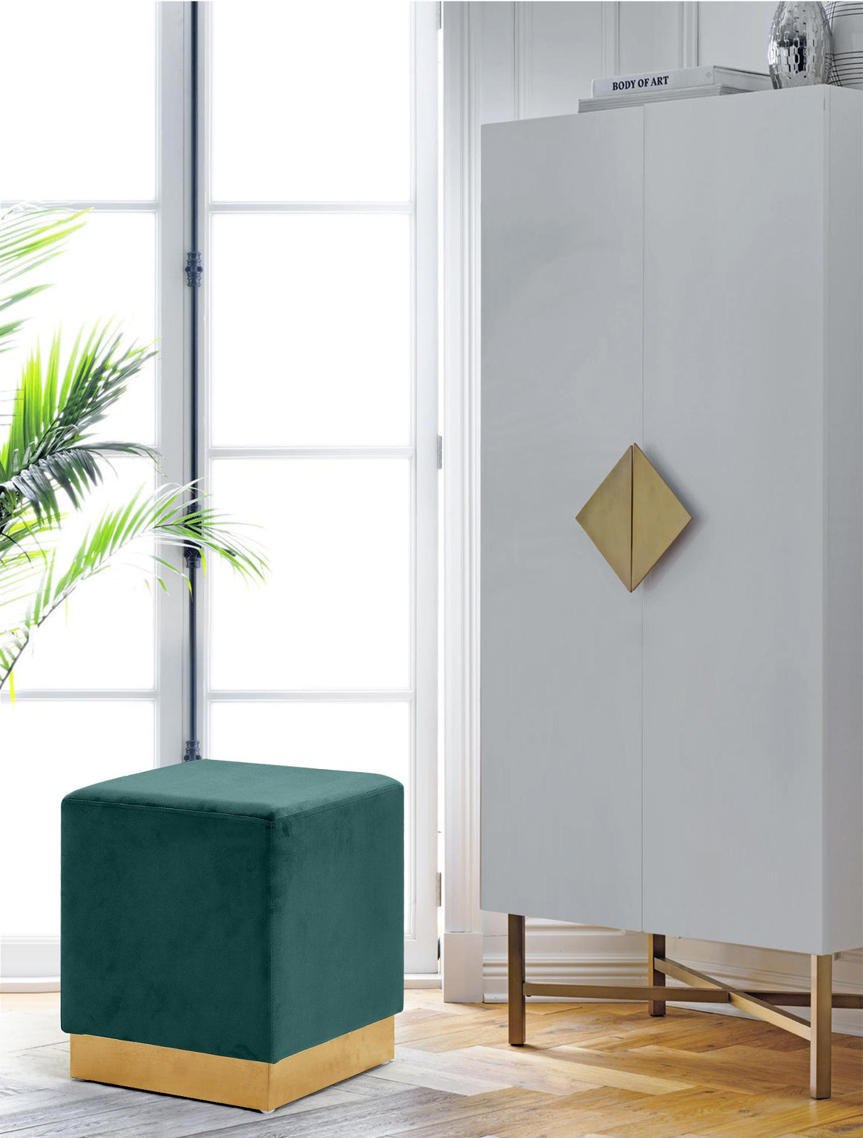 Jax Green Velvet Ottoman/Stool - galleria furniture outlet