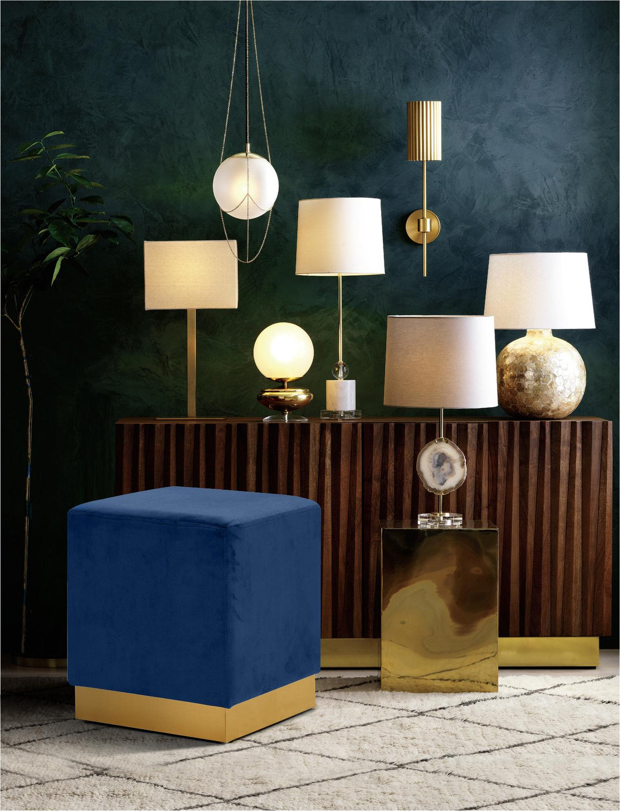 Jax Navy Velvet Ottoman/Stool - galleria furniture outlet