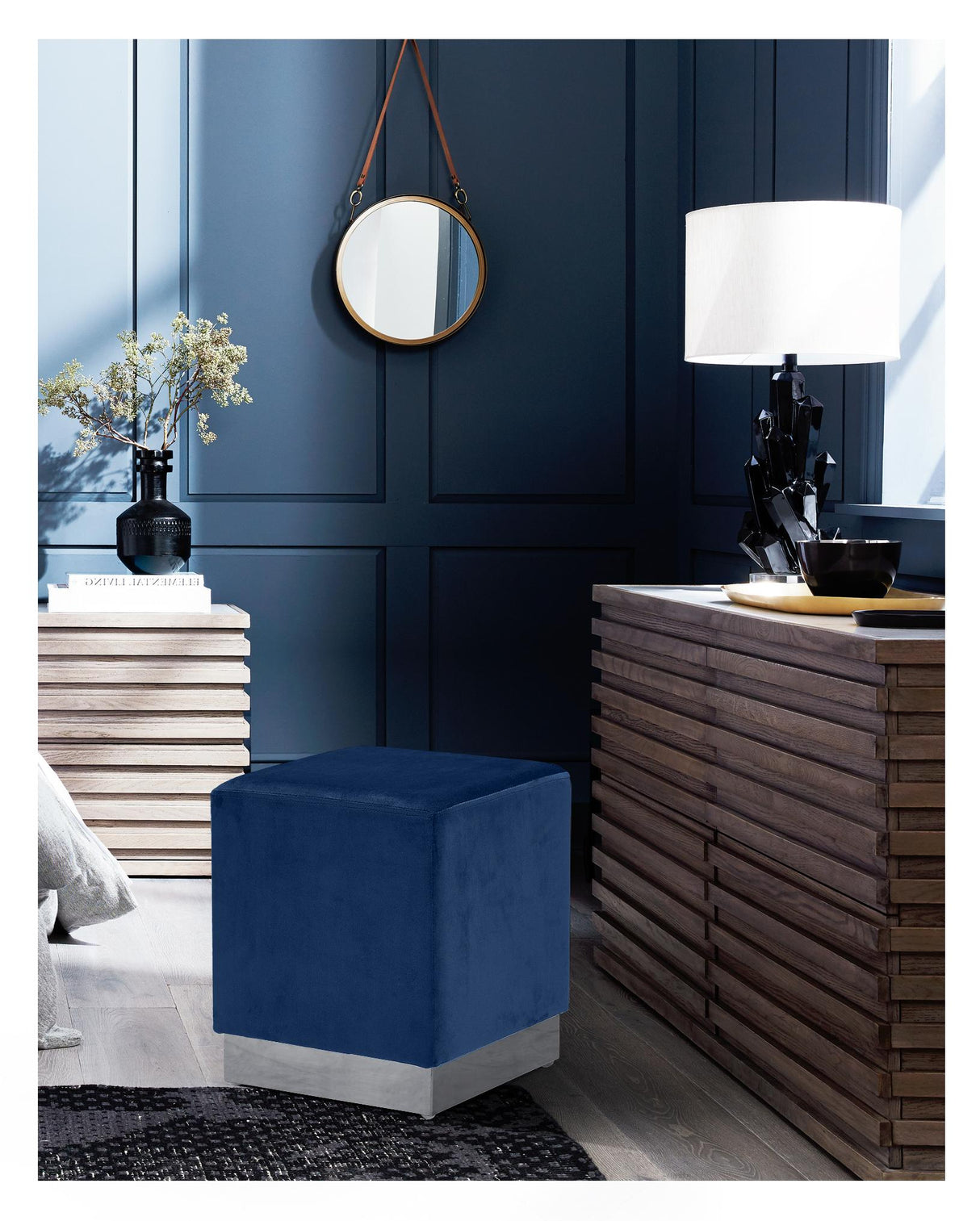 Jax Navy Velvet Ottoman/Stool - galleria furniture outlet
