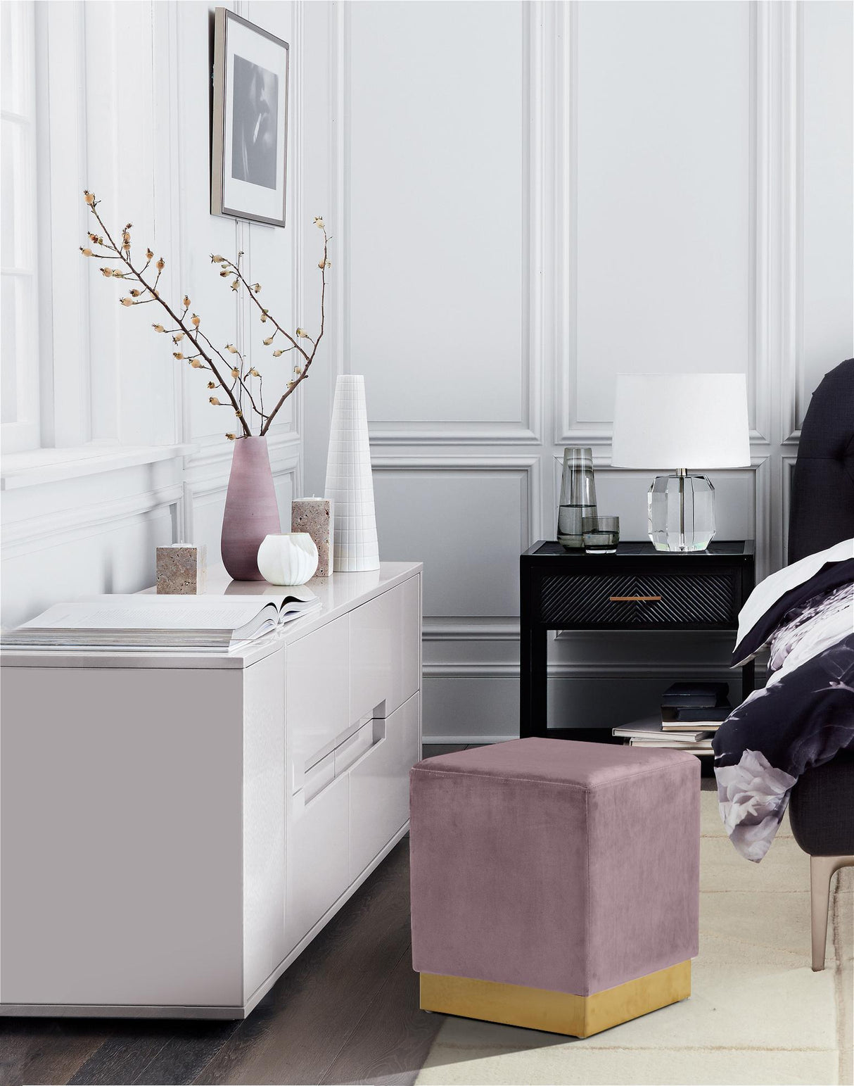 Jax Pink Velvet Ottoman/Stool - galleria furniture outlet