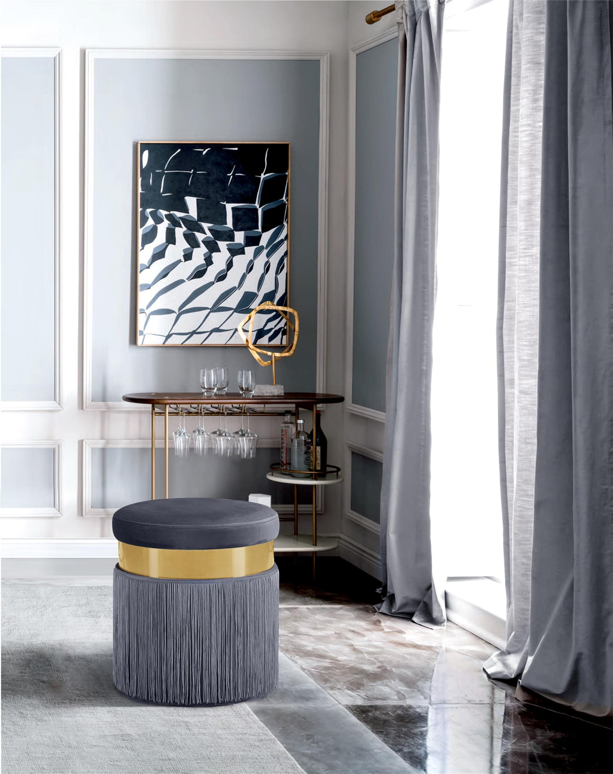 Yasmine Grey Velvet Ottoman/Stool - galleria furniture outlet