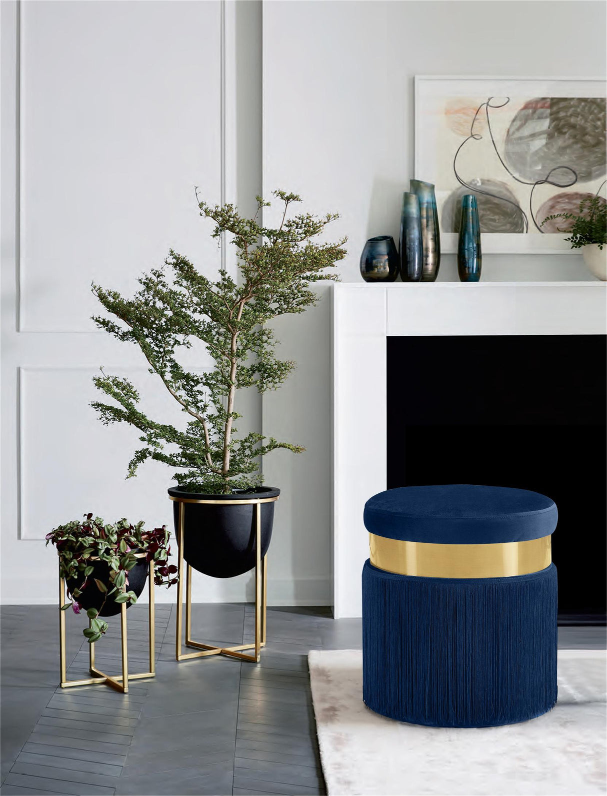 Yasmine Navy Velvet Ottoman/Stool - galleria furniture outlet