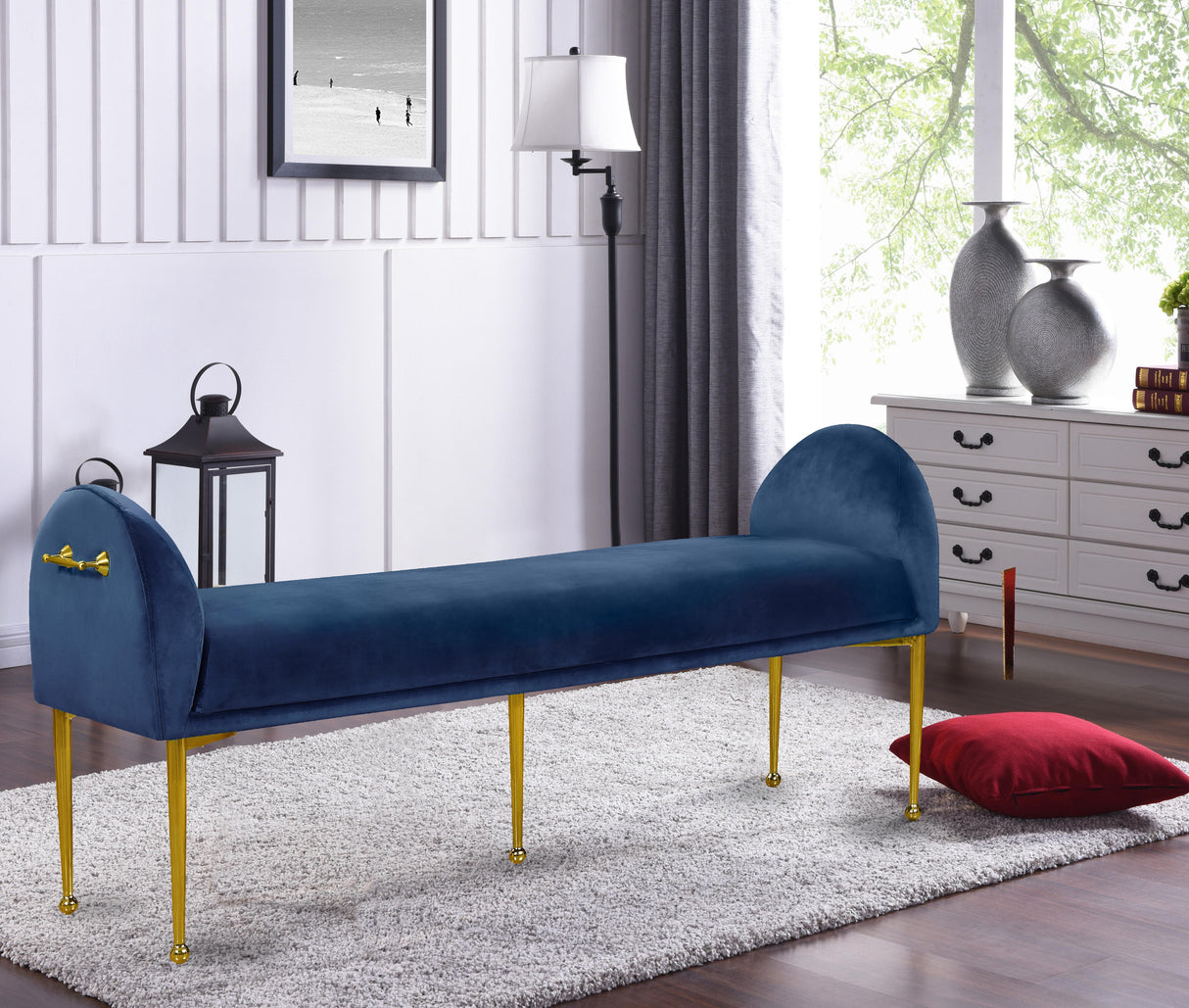 Owen Navy Velvet Bench - galleria furniture outlet