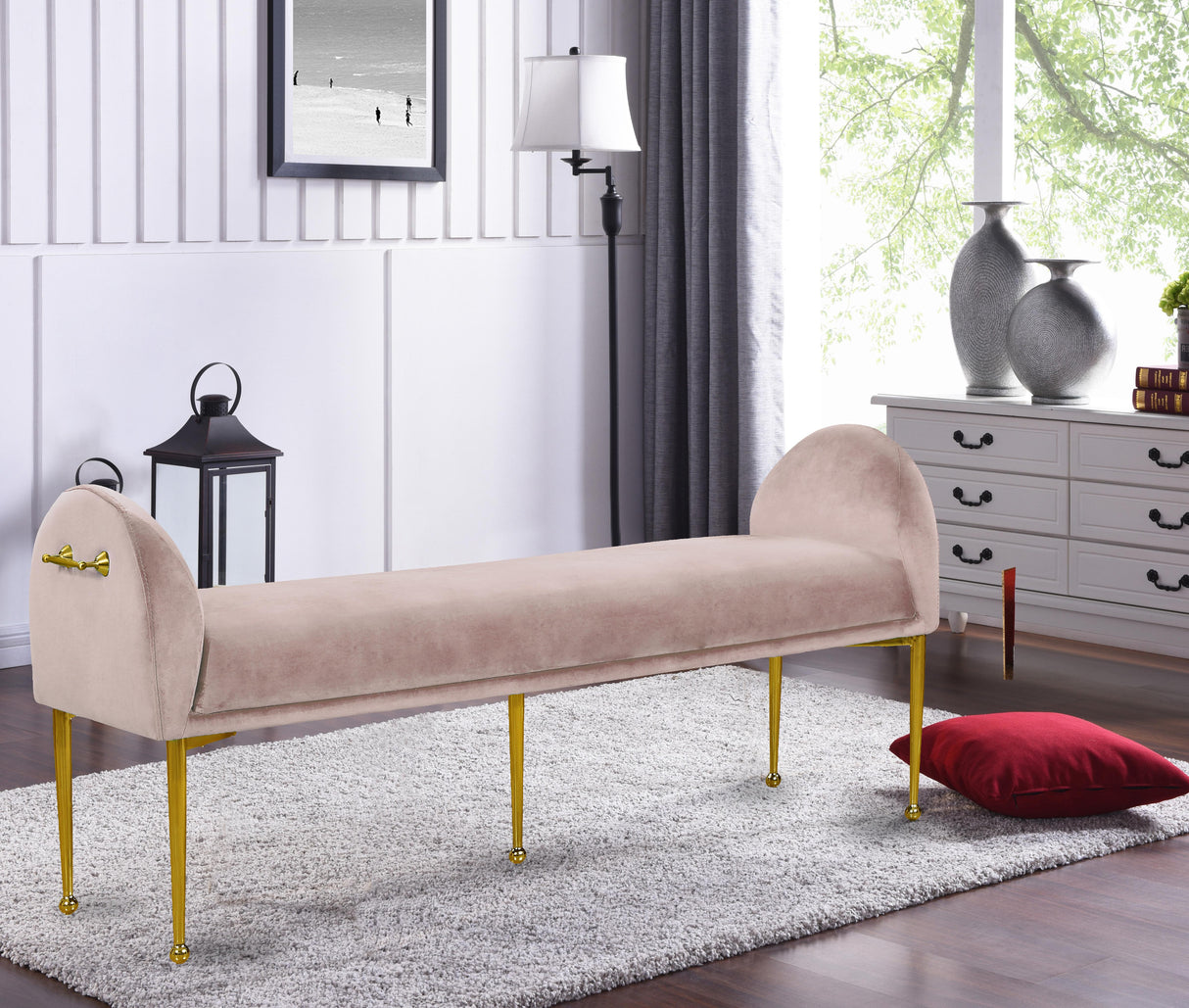 Owen Pink Velvet Bench - galleria furniture outlet