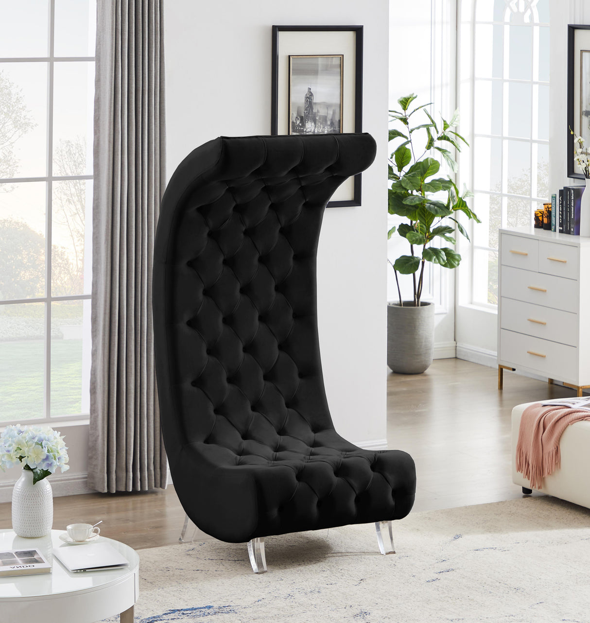 Crescent Black Velvet Accent Chair - galleria furniture outlet