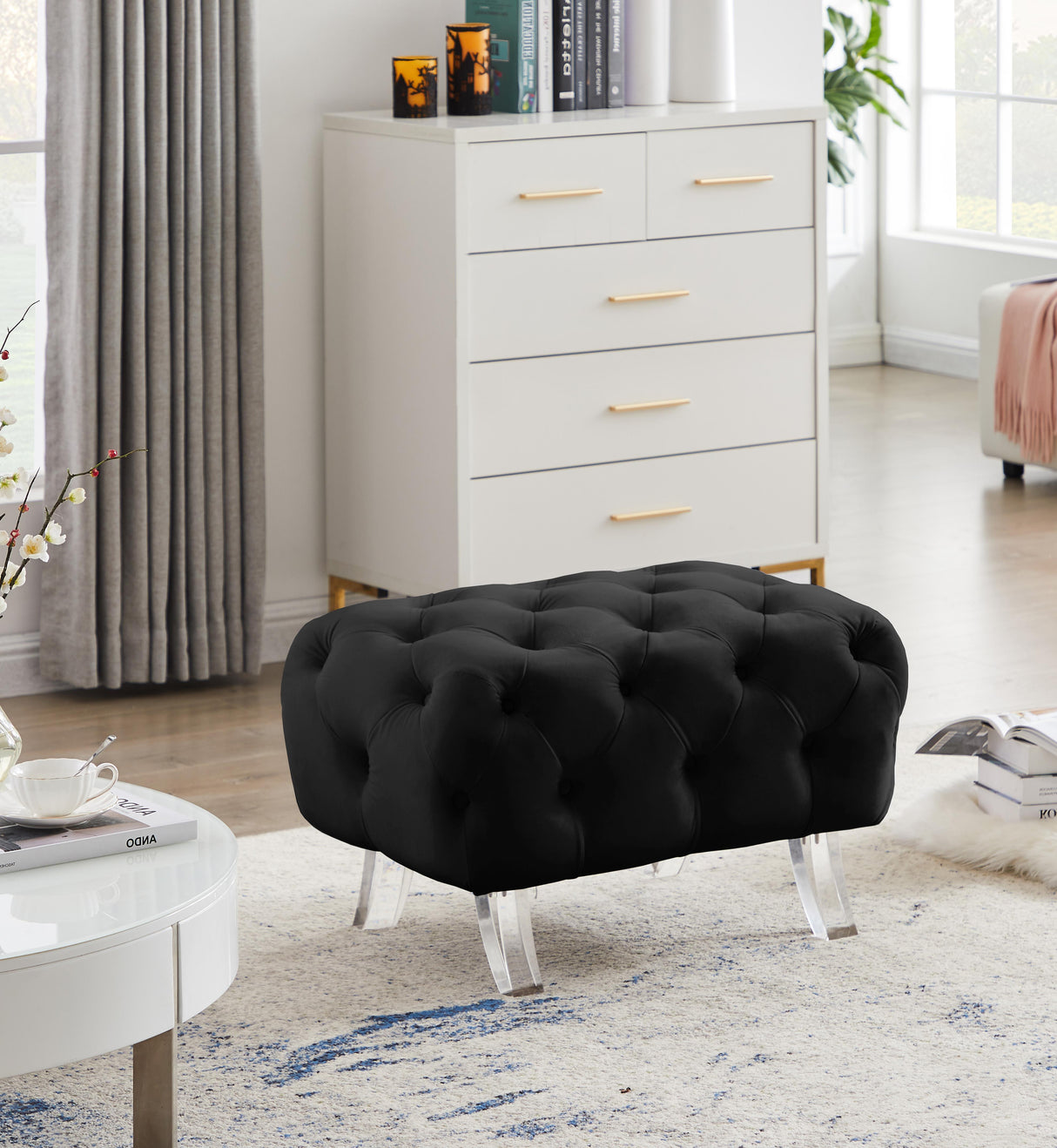 Crescent Black Velvet Ottoman - galleria furniture outlet