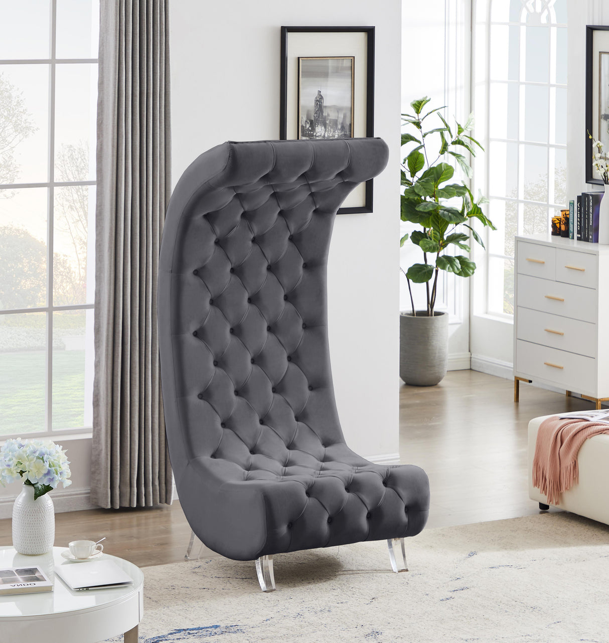 Crescent Grey Velvet Accent Chair