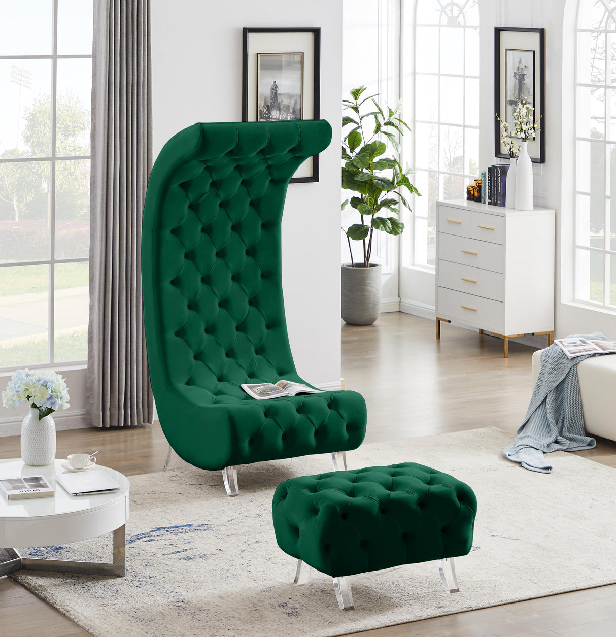 Crescent Green Velvet Ottoman - galleria furniture outlet