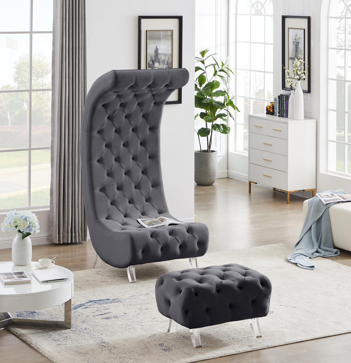Crescent Grey Velvet Accent Chair - galleria furniture outlet