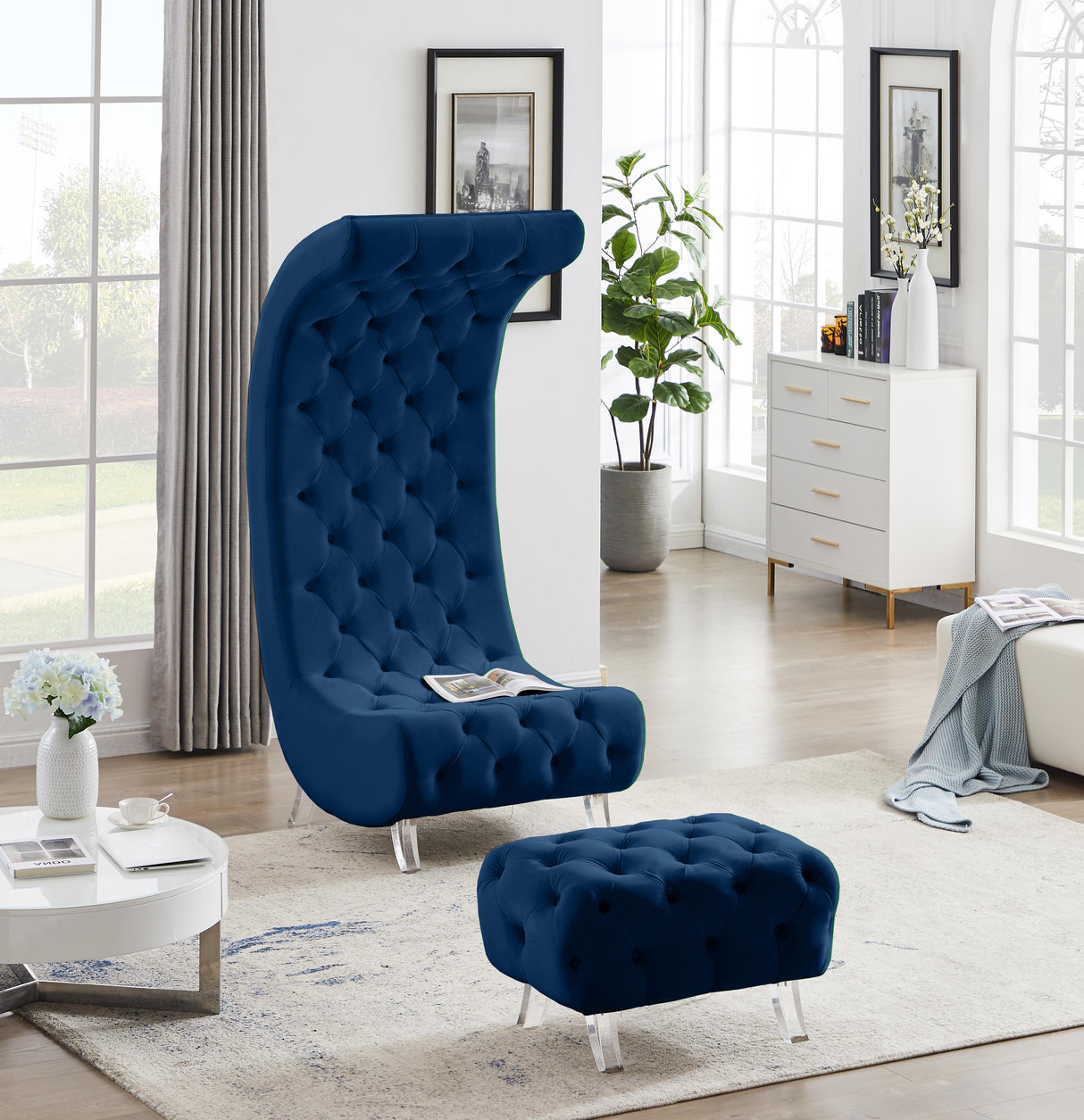 Crescent Navy Velvet Accent Chair - galleria furniture outlet