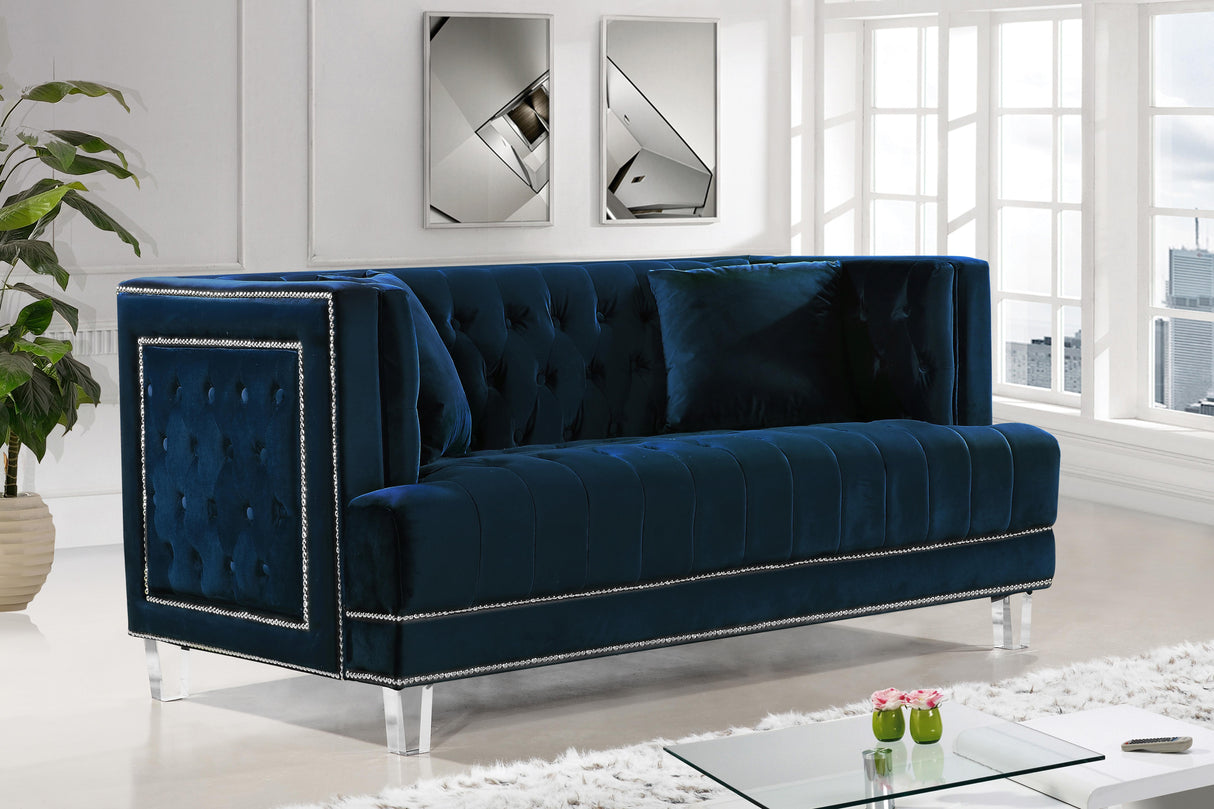 Lucas Navy Velvet Loveseat - galleria furniture outlet