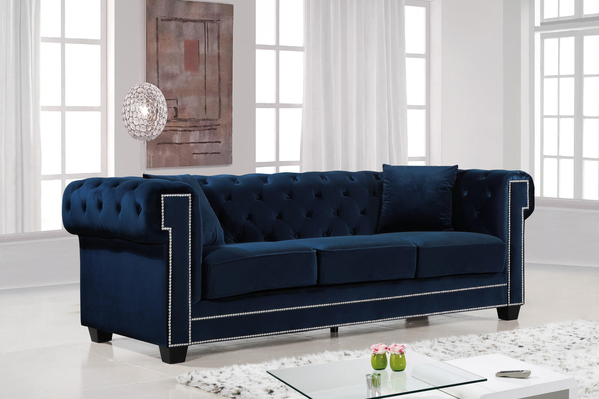 Bowery Navy Velvet Sofa - galleria furniture outlet