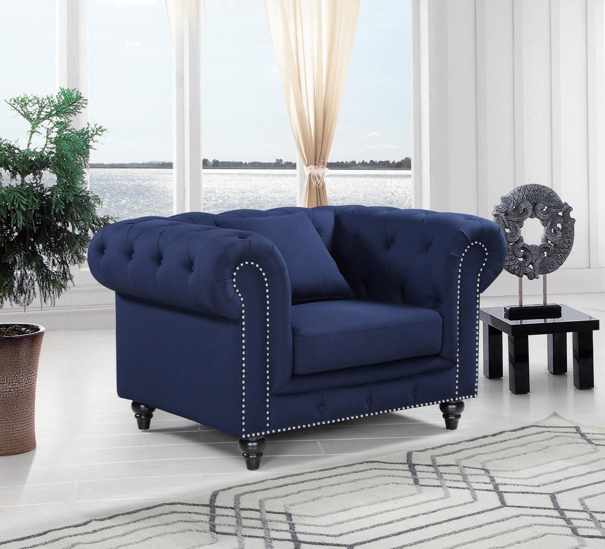 Chesterfield Navy Linen Chair - galleria furniture outlet
