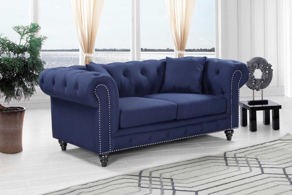 Chesterfield Navy Linen Loveseat - galleria furniture outlet