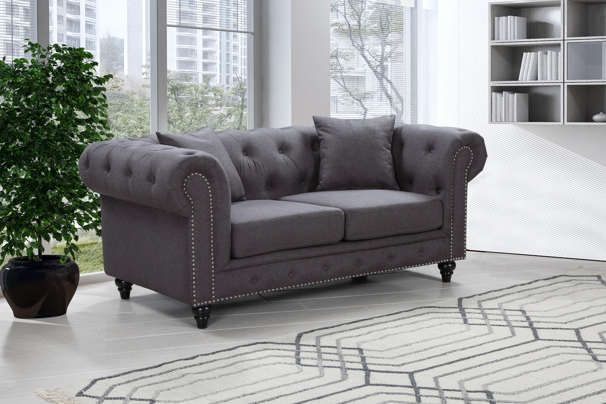 Chesterfield Grey Linen Loveseat - galleria furniture outlet
