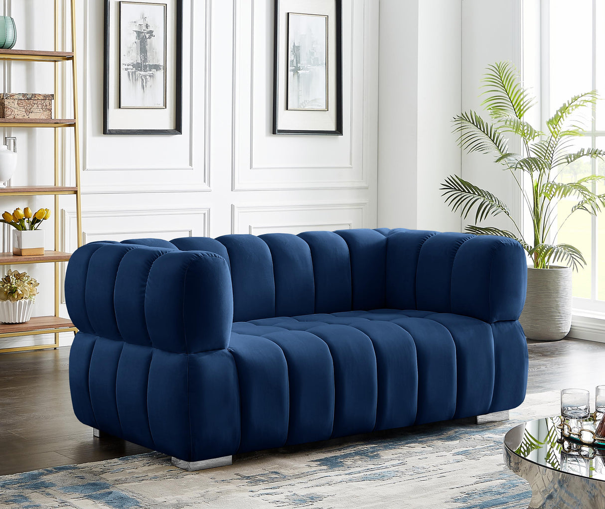 Gwen Navy Velvet Loveseat - galleria furniture outlet