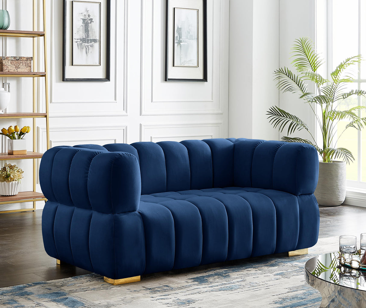 Gwen Navy Velvet Loveseat - galleria furniture outlet