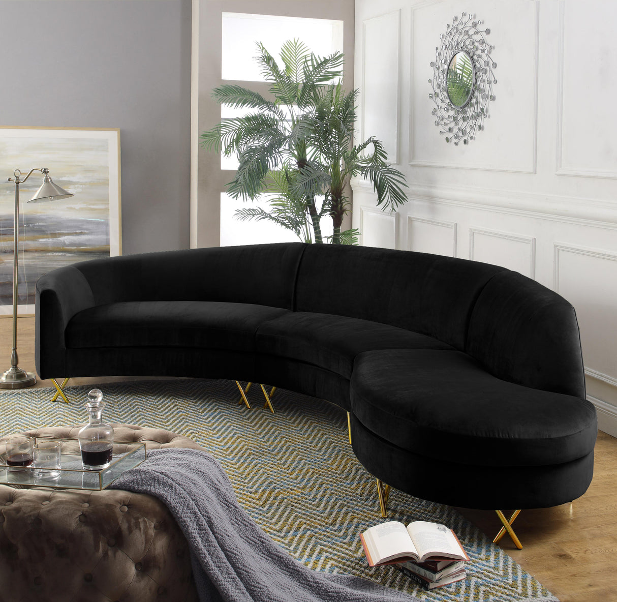Serpentine Black Velvet 3pc. Sectional - galleria furniture outlet