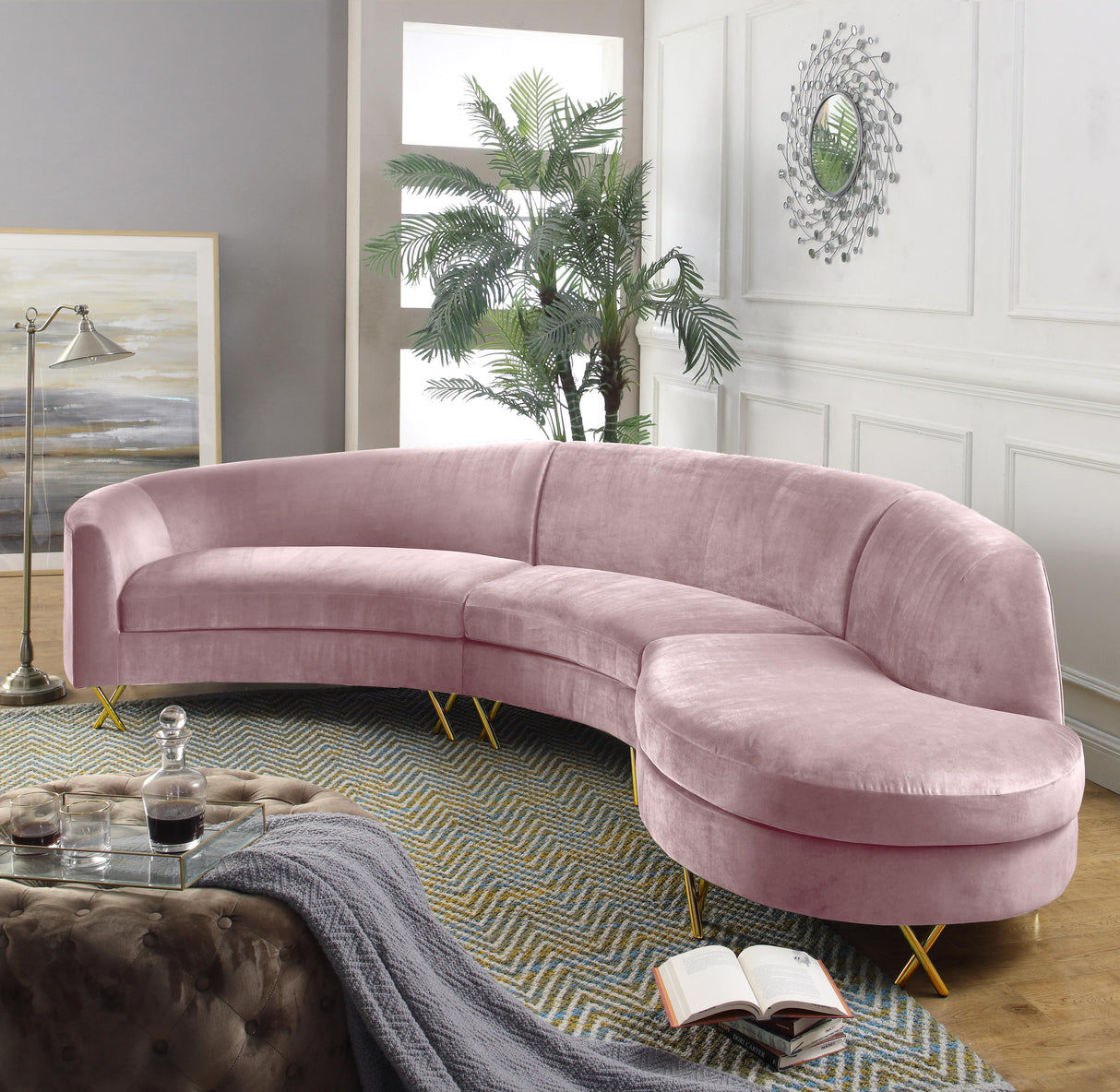 Serpentine Pink Velvet 3pc. Sectional - galleria furniture outlet