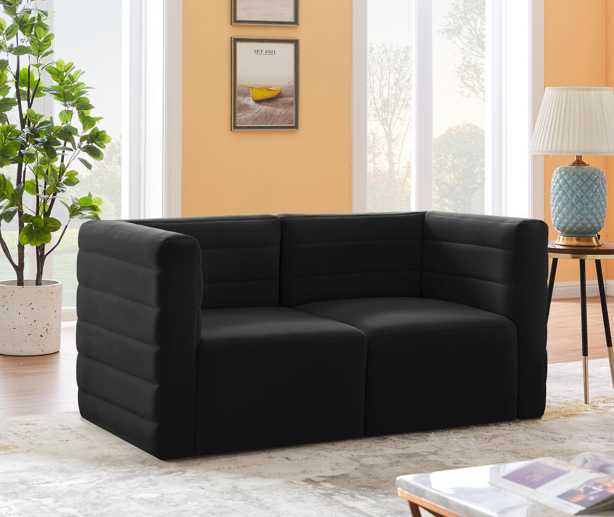 Quincy Black Velvet Modular Sofa - galleria furniture outlet