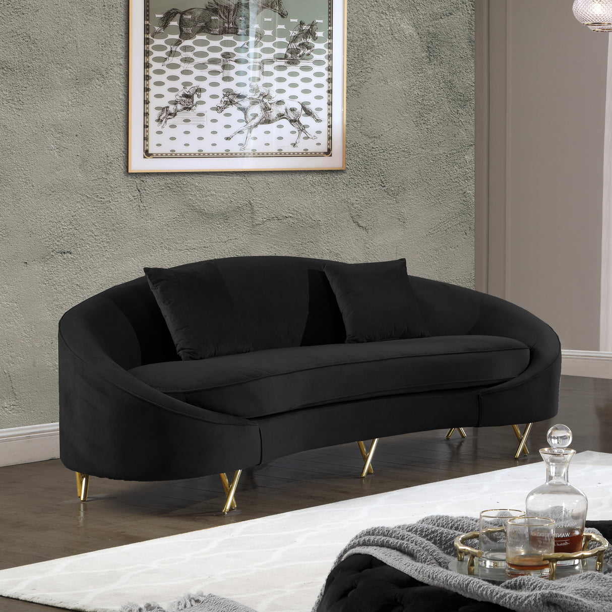 Serpentine Black Velvet Sofa - galleria furniture outlet