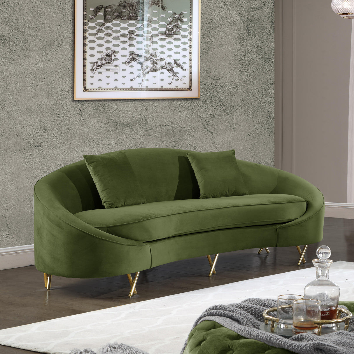Serpentine Olive Velvet Sofa - galleria furniture outlet