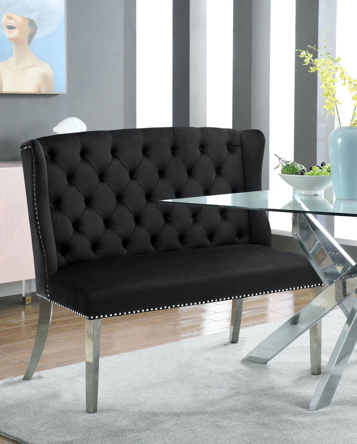 Suri Black Velvet Settee Bench - galleria furniture outlet
