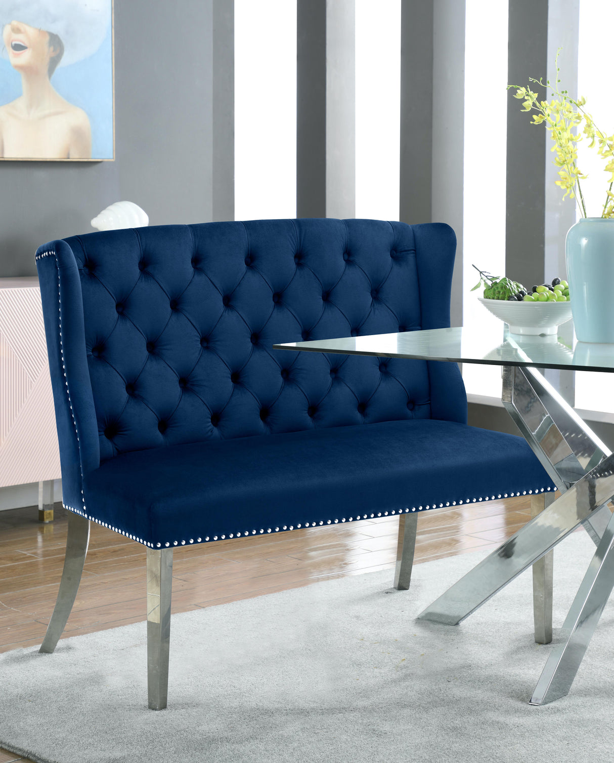 Suri Navy Velvet Settee Bench - galleria furniture outlet
