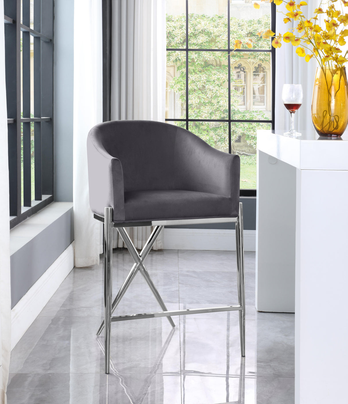 Xavier Grey Velvet Counter Stool - galleria furniture outlet