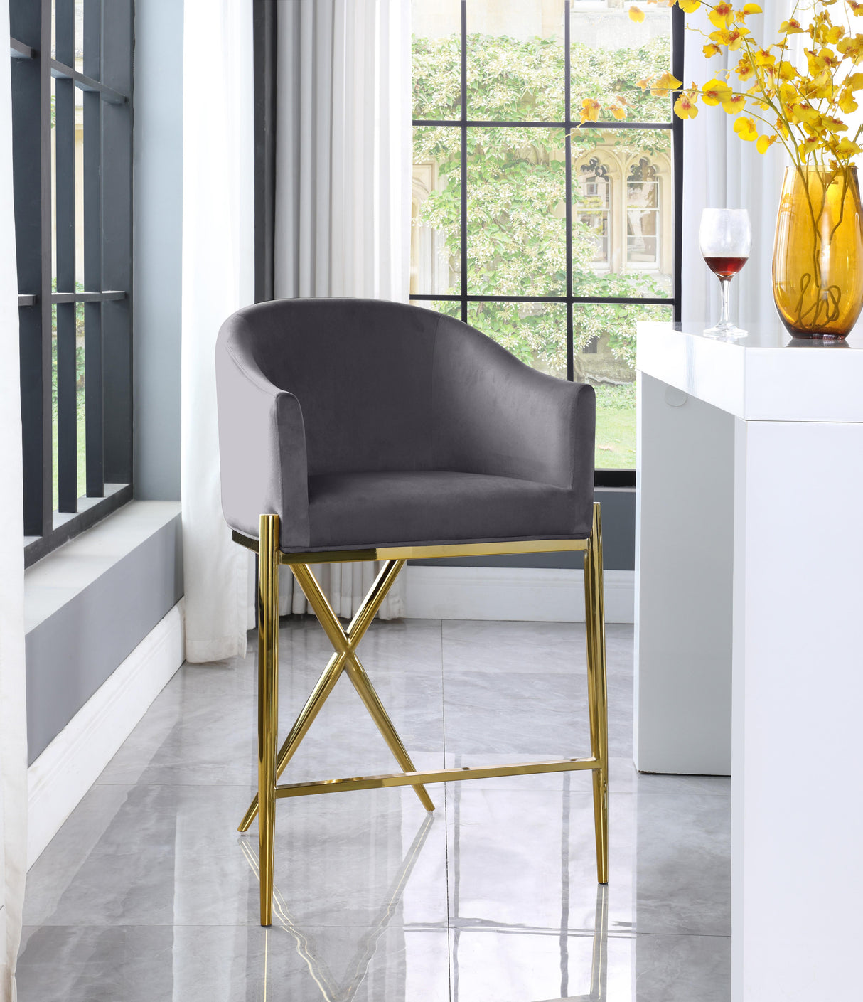 Xavier Grey Velvet Counter Stool - galleria furniture outlet