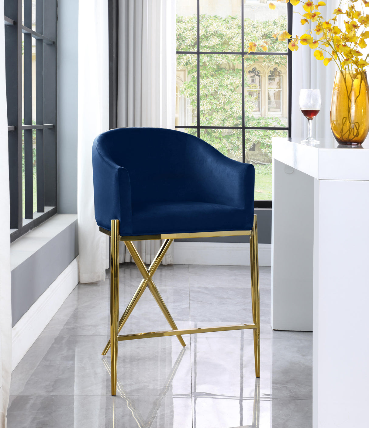 Xavier Navy Velvet Counter Stool - galleria furniture outlet