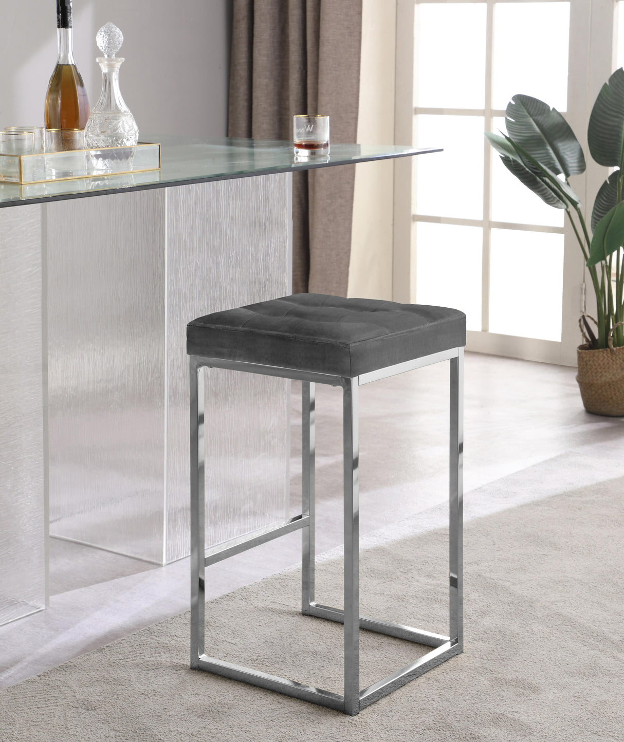 Nicola Grey Velvet Stool - galleria furniture outlet