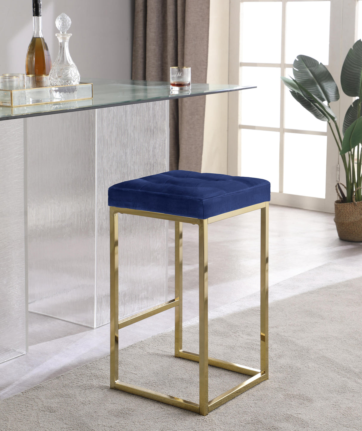 Nicola Navy Velvet Stool - galleria furniture outlet