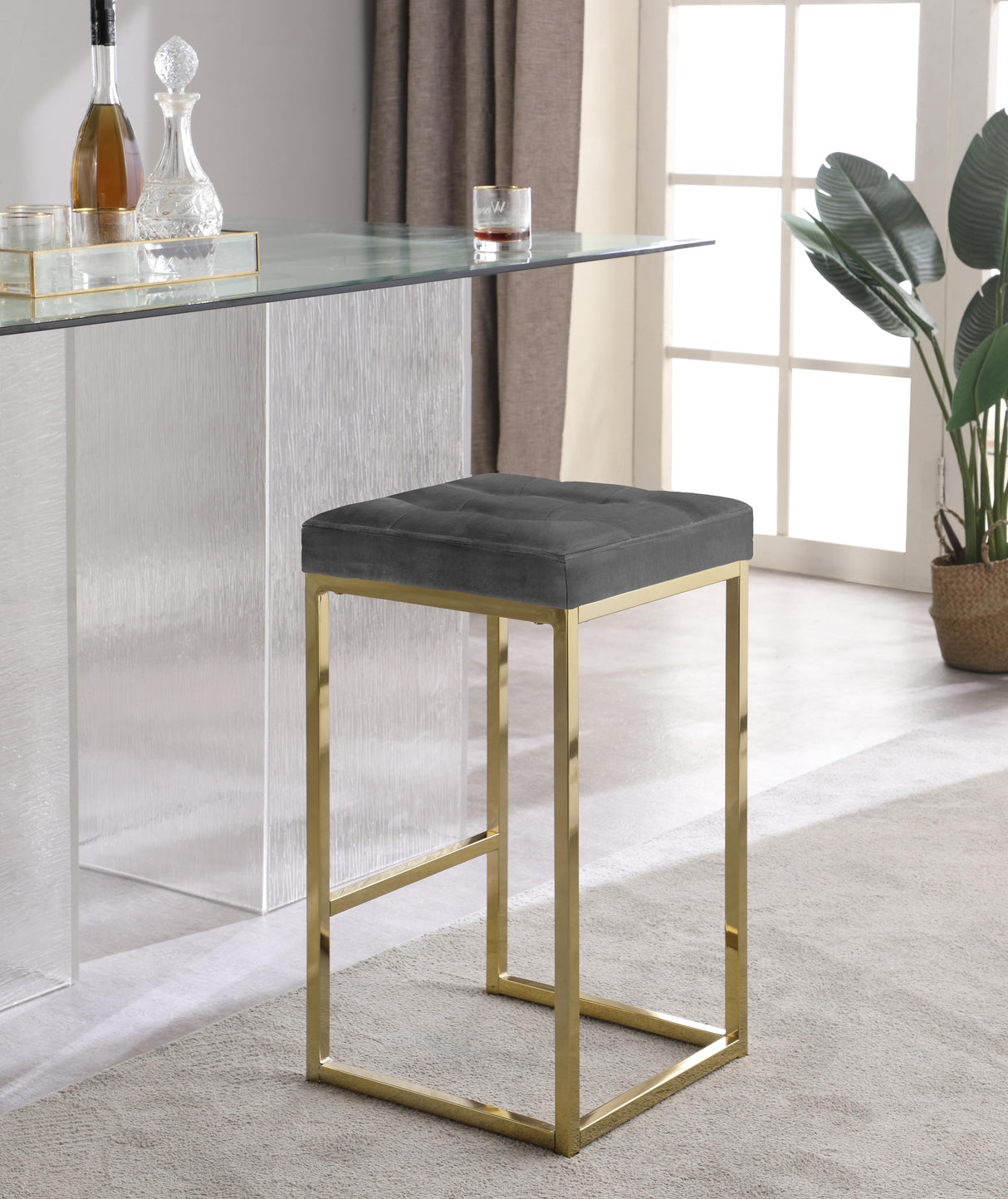 Nicola Grey Velvet Stool - galleria furniture outlet