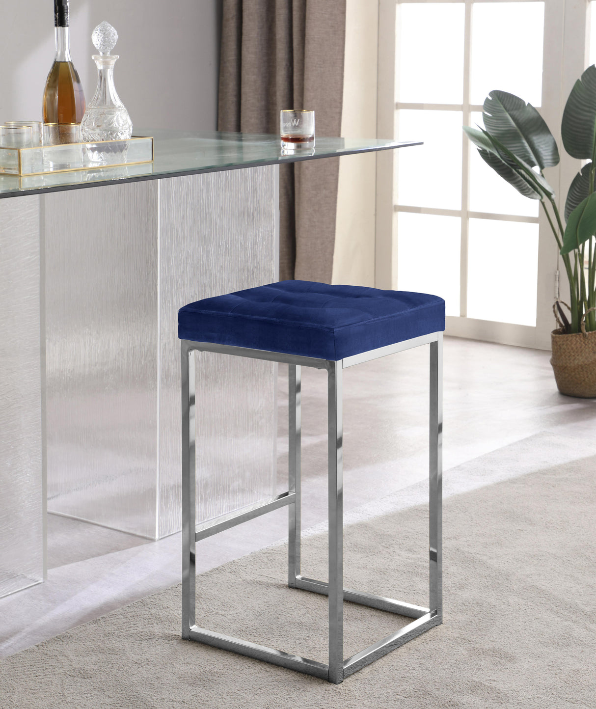 Nicola Navy Velvet Stool - galleria furniture outlet