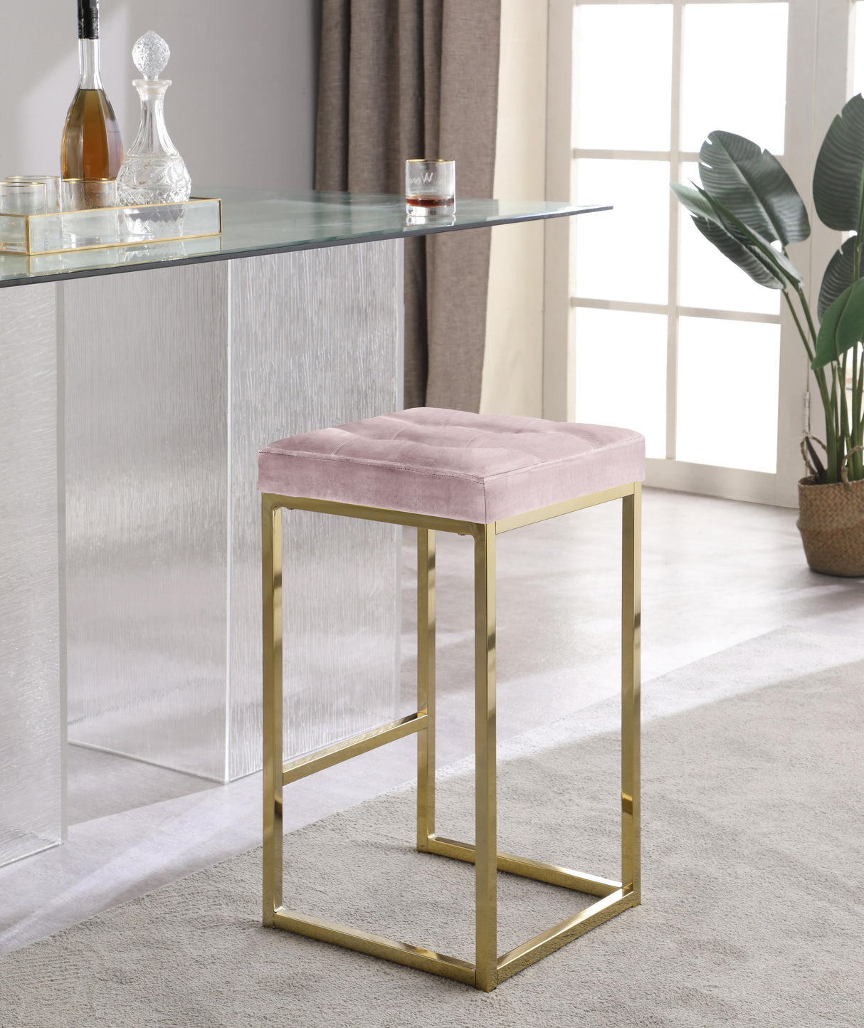 Nicola Pink Velvet Stool - galleria furniture outlet