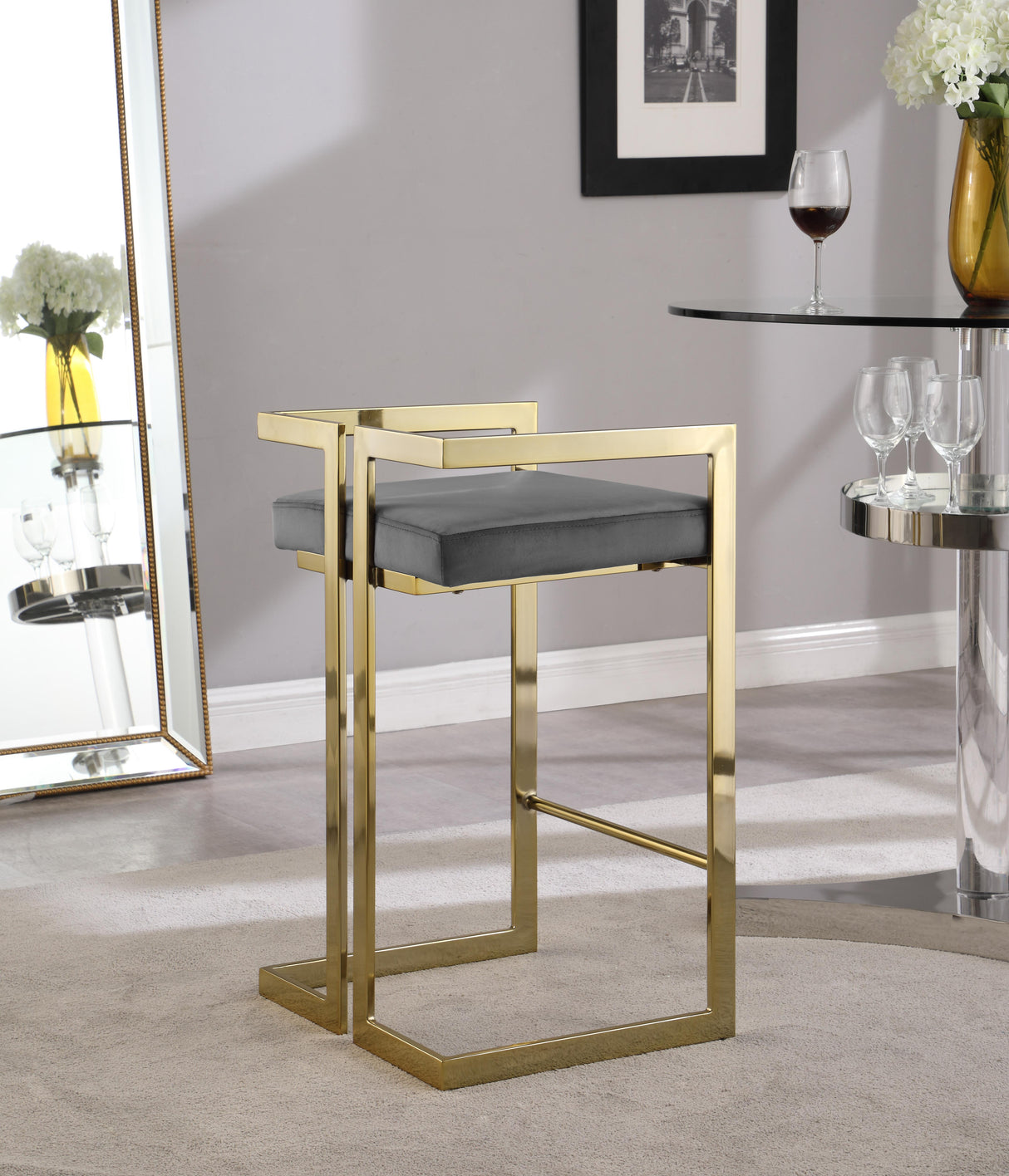 Ezra Grey Velvet Stool - galleria furniture outlet