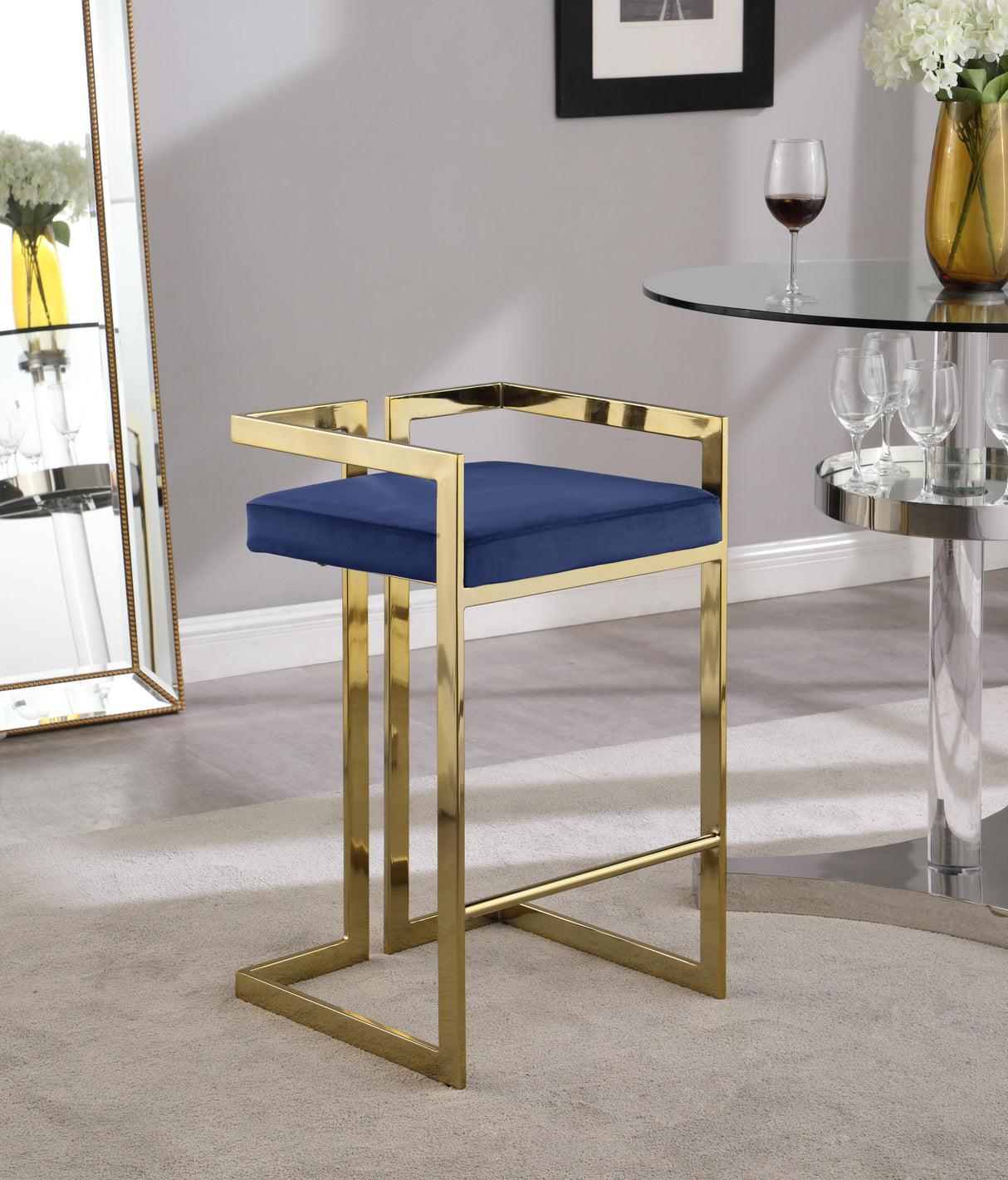 Ezra Navy Velvet Stool - galleria furniture outlet