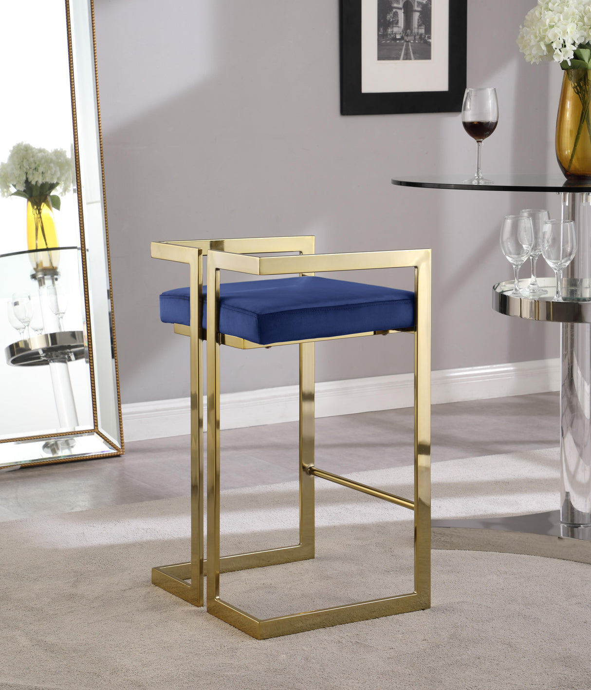 Ezra Navy Velvet Stool - galleria furniture outlet