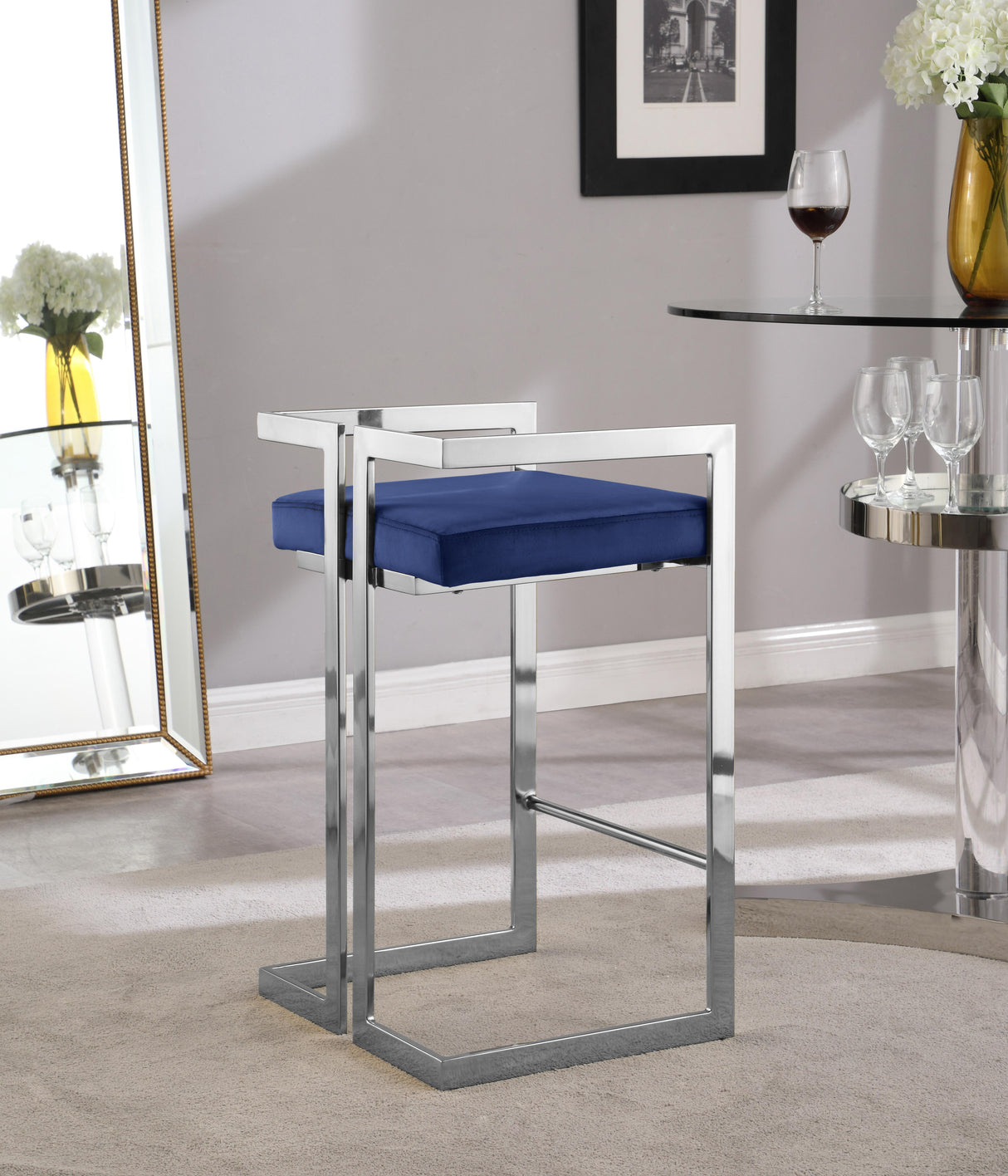 Ezra Navy Velvet Stool - galleria furniture outlet