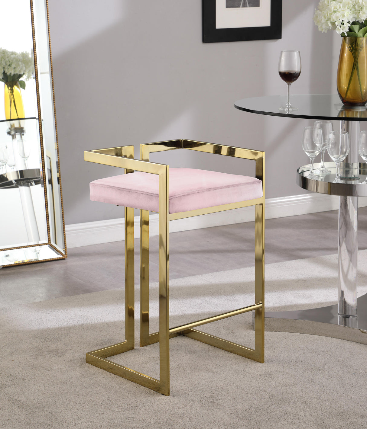 Ezra Pink Velvet Stool - galleria furniture outlet
