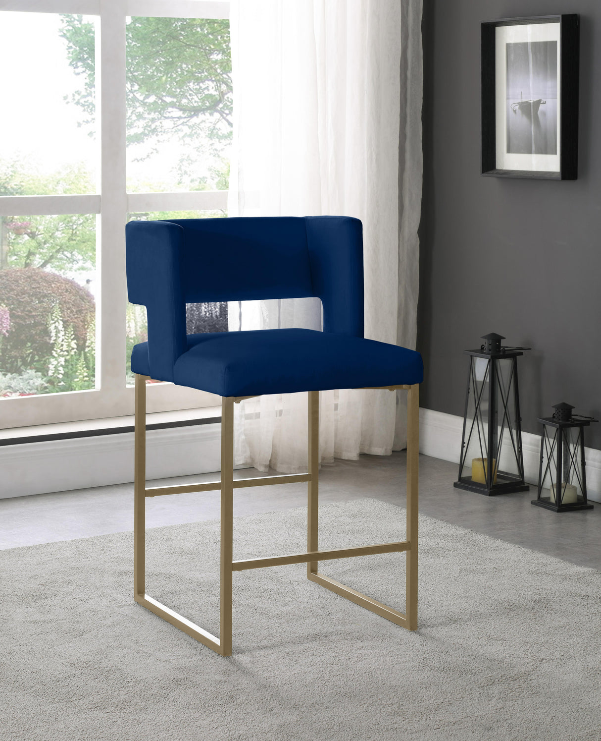 Caleb Navy Velvet Counter Stool - galleria furniture outlet