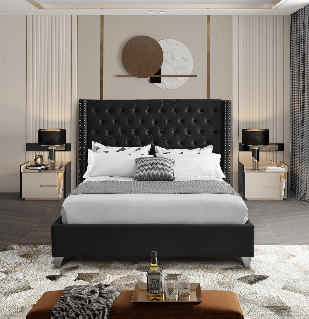 Aiden Black Velvet Full Bed - galleria furniture outlet