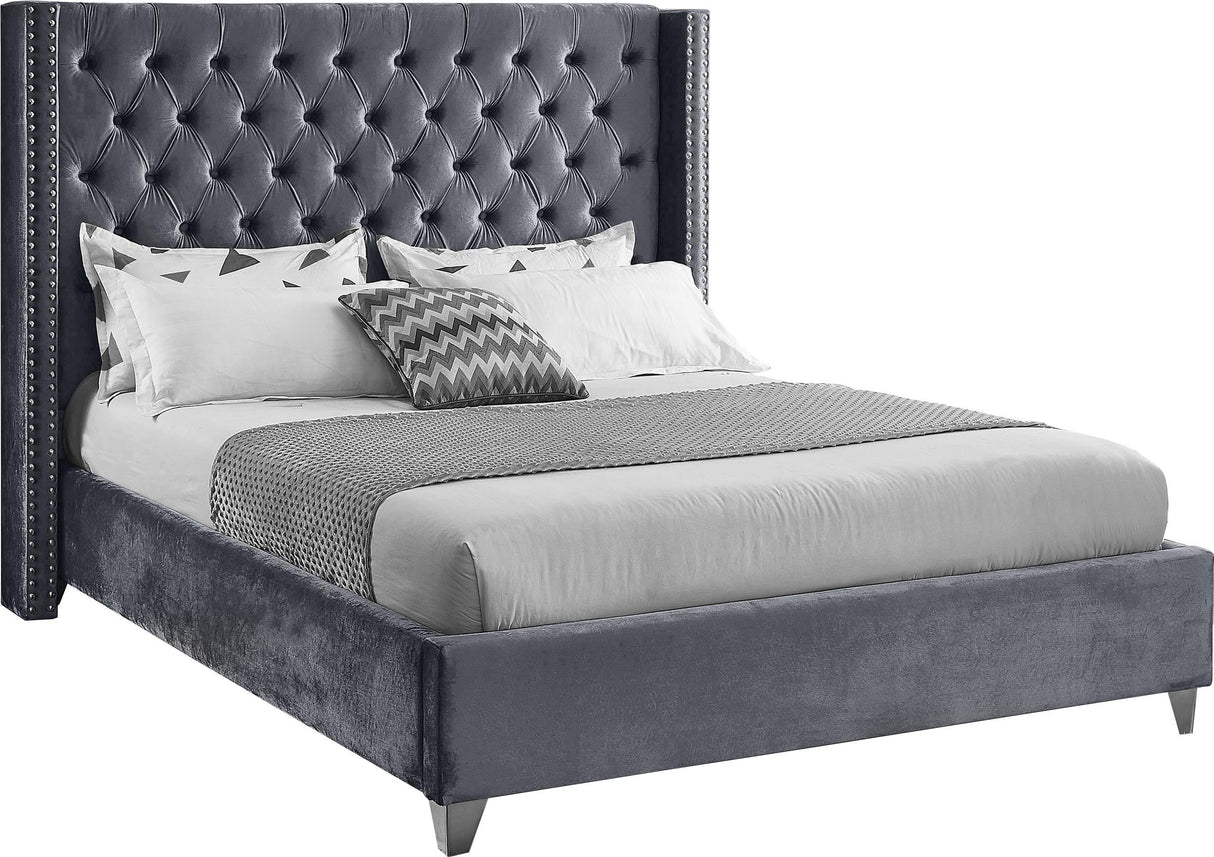 Aiden Grey Velvet King Bed - galleria furniture outlet