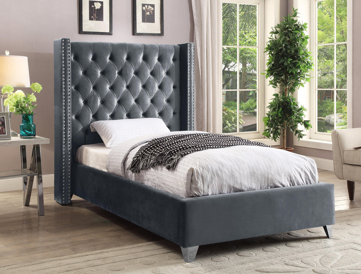 Aiden Grey Velvet Twin Bed - galleria furniture outlet