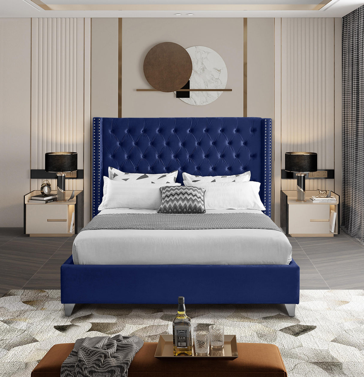 Aiden Navy Velvet Full Bed - galleria furniture outlet