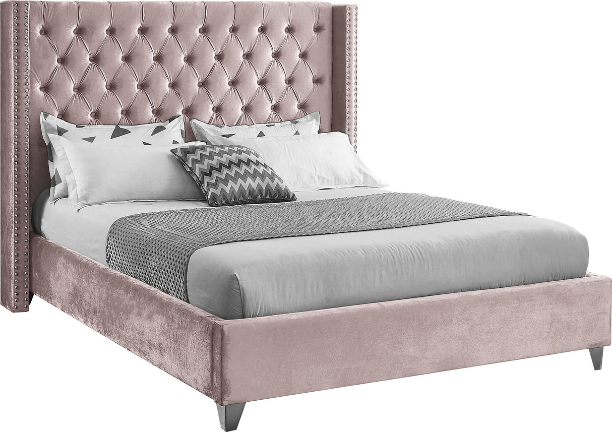 Aiden Pink Velvet Queen Bed - galleria furniture outlet